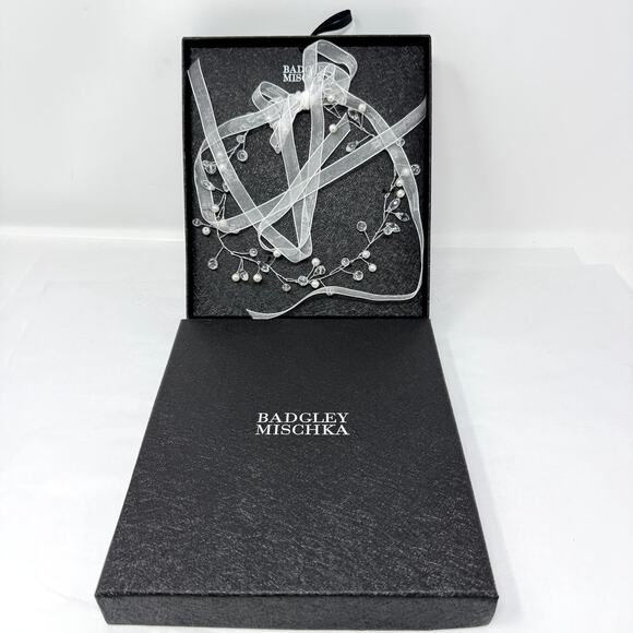 Badgley Mischka Bridal Crystal Pearl Hair Vine Headpiece White Ribbon NIB main image 4